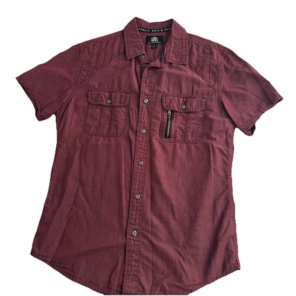 Rock & Republic Mens S, Maroon Short Sleeve Shirt Zip Pocket Cotton Casual Edgy